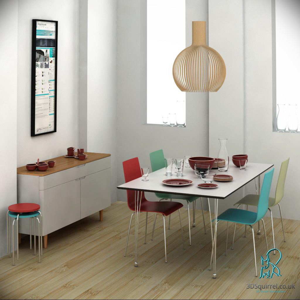 Dining Room Scene 3D models for Digital 3D Models dining table dining chair stool Ceiling Light tableware collection