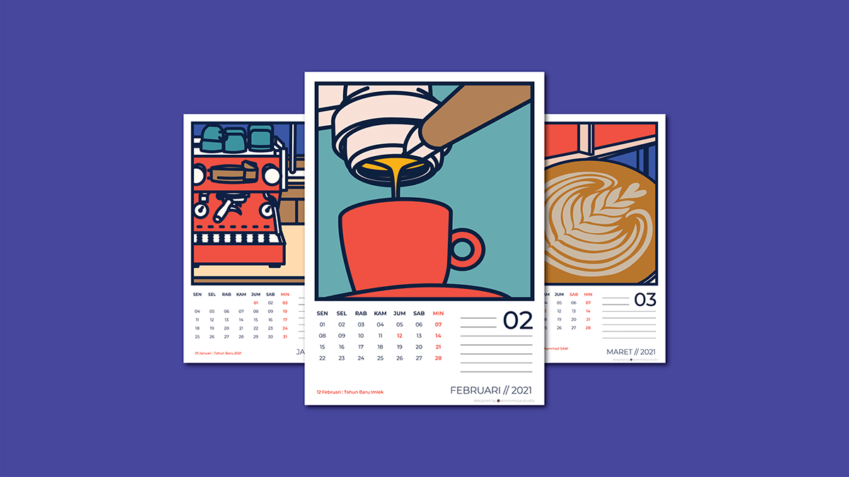 Branding design calendar Coffee coffeeshop flat design Grapic Design ILLUSTRATION  indonesia indonesian calendar new year