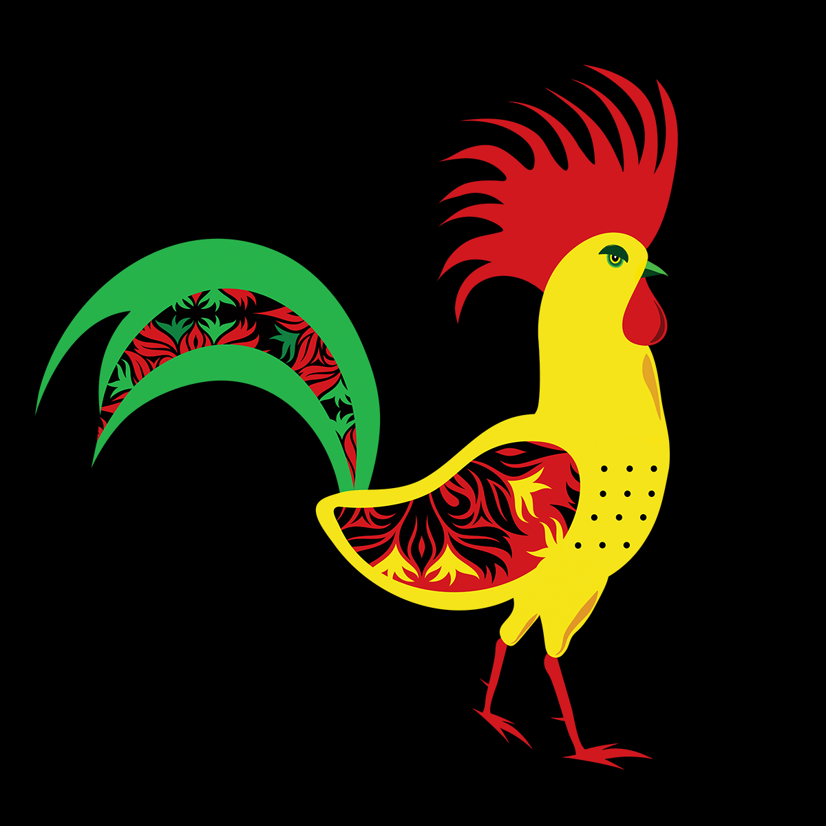 Brightly coloured rooster illustration in red, green and yellow
