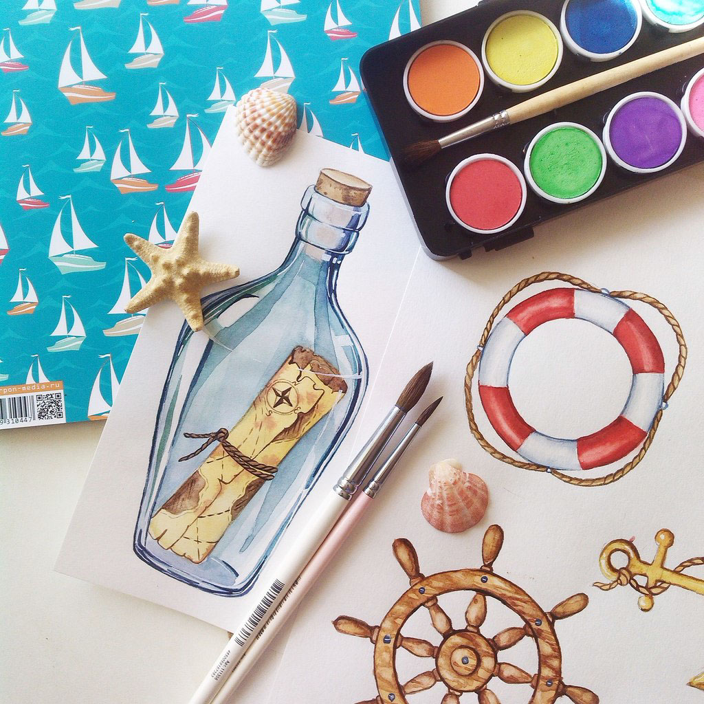 sea Ocean watercolor aquarelle Sailor anchor watercolour water bright nice Beautiful pattern map