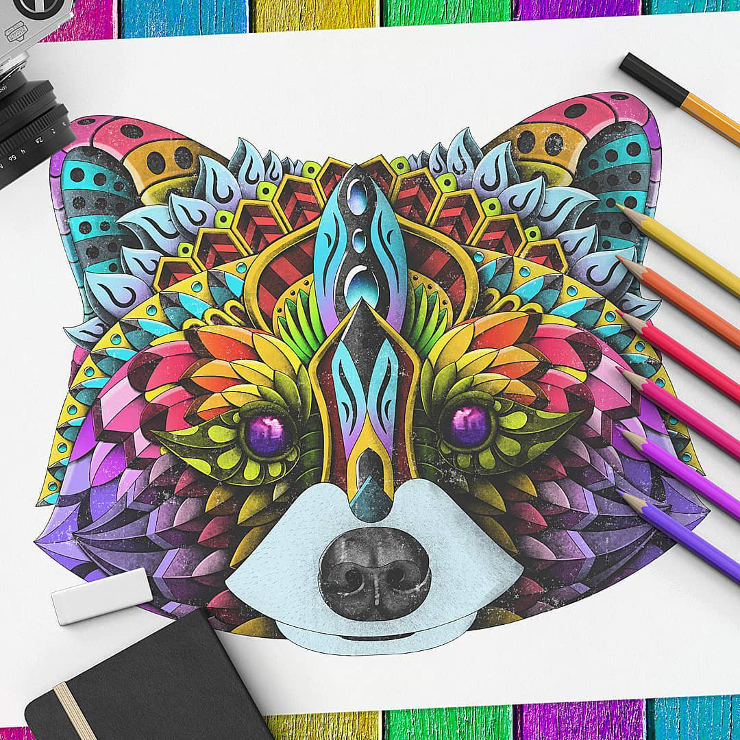 raccoon tattoo sketch Mandala zentangle ink colors doodles abstract