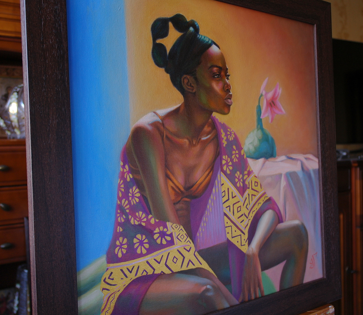 figurative still life Portraiture african woman lily Modern Style african style oil portrait Maria Borges oil on canvas