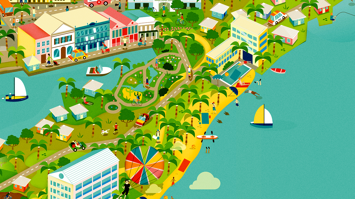 map Island attractions people Fun busy plane dog museum Park car road bridge textures