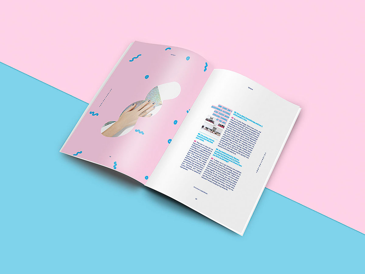 magazine publication Layout print pastel pink blue Fun colorful fashion magazine Playful publication design magazine layout editorial Product Photography