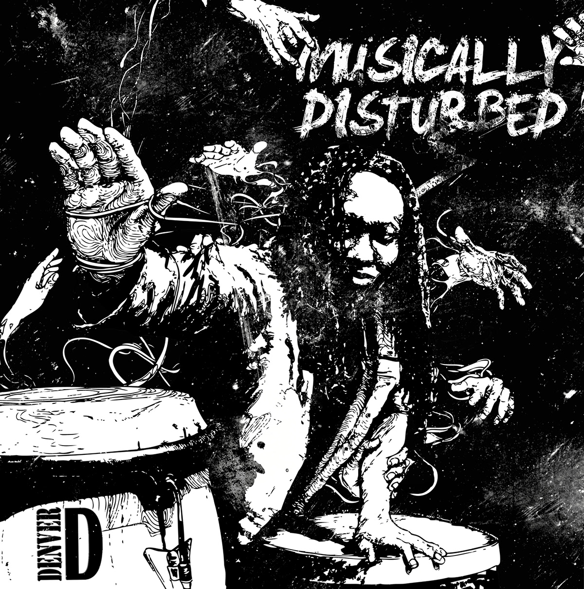 Album cover reggae drums alternative black and white grunge horror