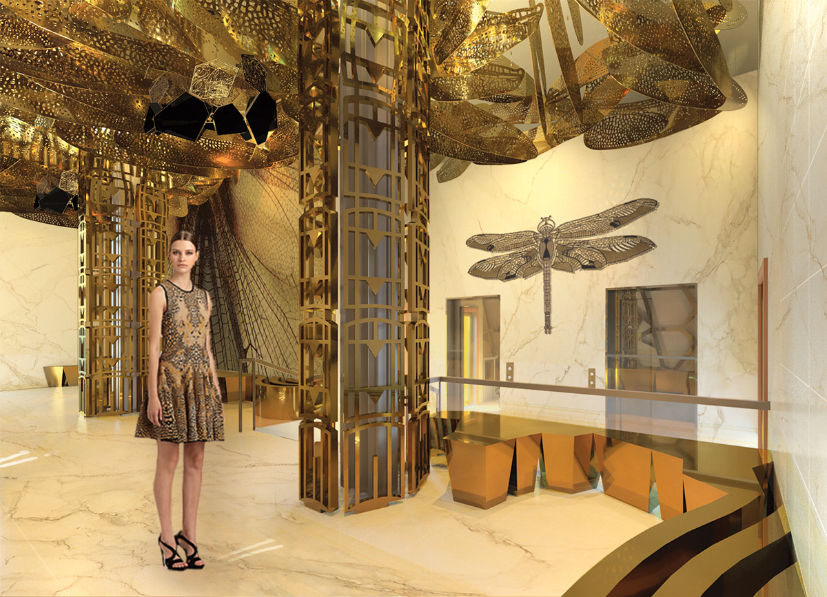 dragonfly Lobby design luxury metallic interior deisgn concept