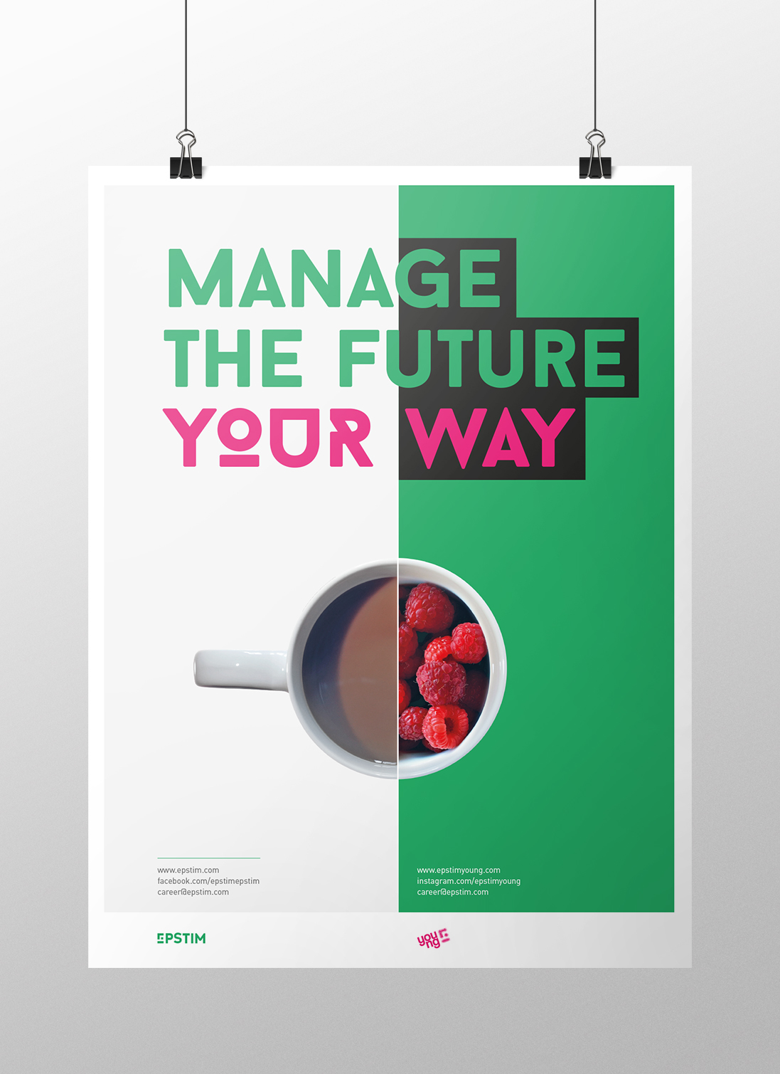 Young magenta career employer branding contrast poster brochure half Coffee student green notebook pin