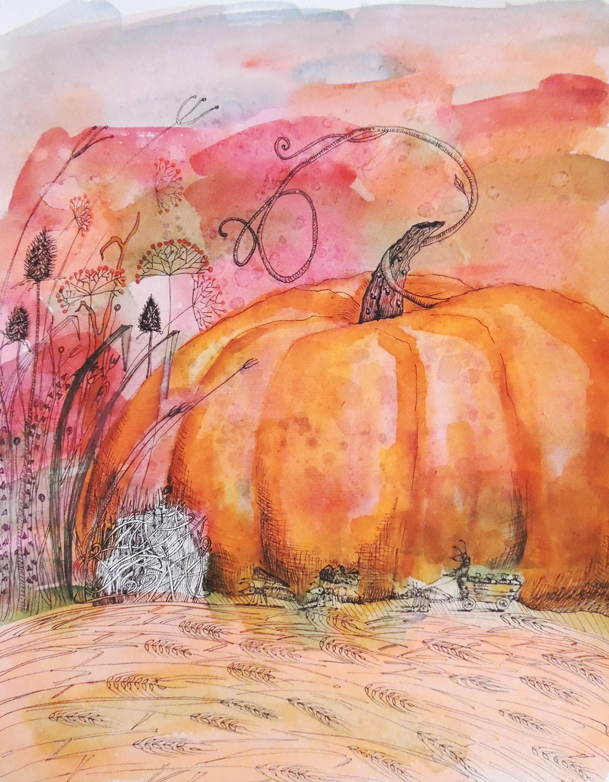 pumpkin print watercolor autumn ants