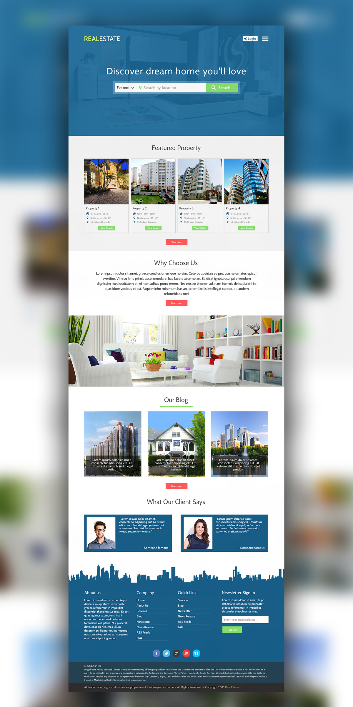 Real estate Website design new One Page full screen mock up 3D graphics photoshop blue green user interface UI