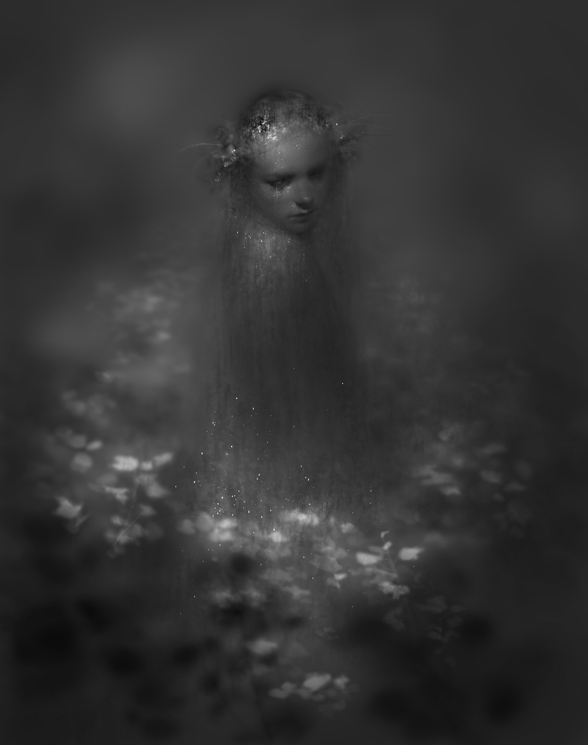fairy fairy ring black and white mood realistic dark girl ethereal forest shrubbery lighting