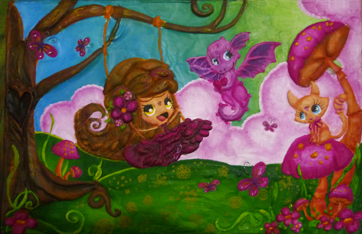 cute embossed Repujado diversion bosque painting   acrylic artesanal pink fantasy