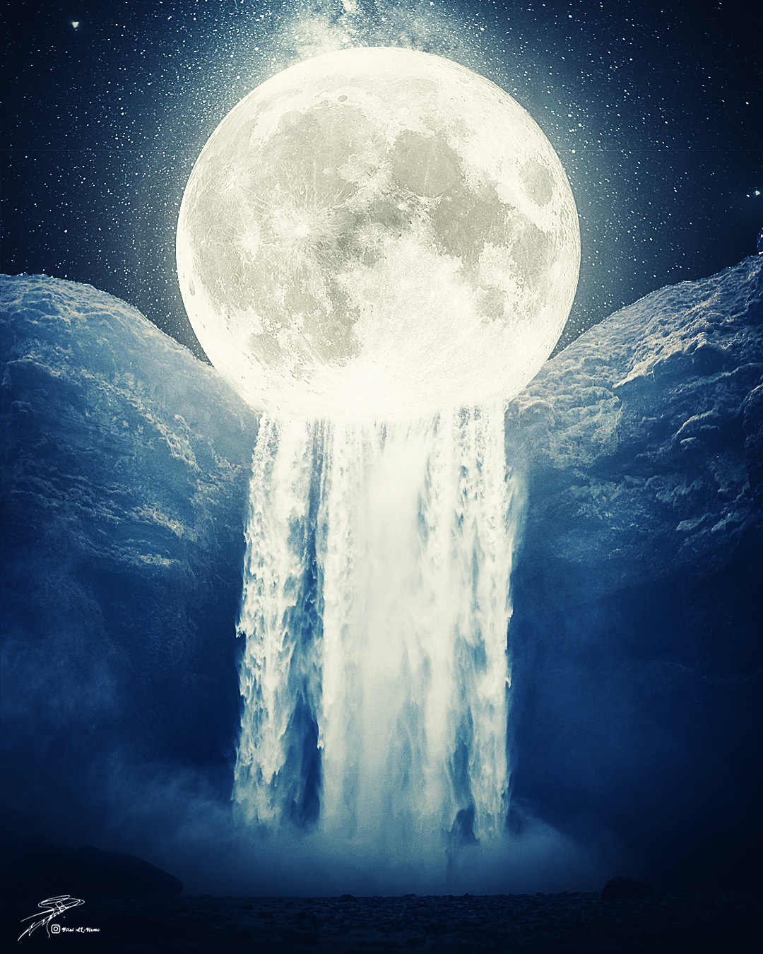 moon waterfall SKY manipulation art painting   glow light Beautiful dust