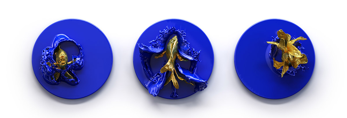 goldfishes fishes fish gold 3d printed wall sculpture blue
