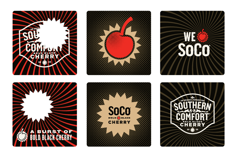 southern comfort cherry bold black red taste burst smooth versatile flavor coke liquor iconography swirl pattern