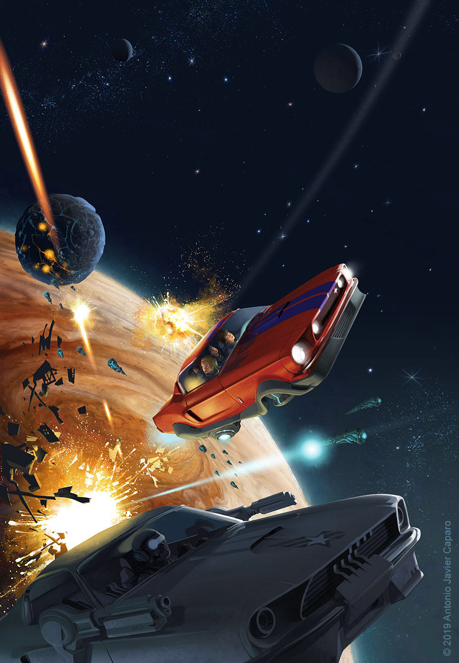 Space runners sci-fi Cover Art Middle grade book cover space opera Antonio Caparo flying cars jeramey kraatz cover illustration