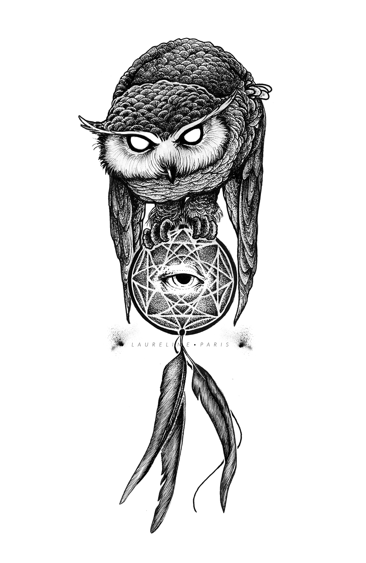 tattoo tattoo design dots dot to line Catchdreamer Laureline Paris laurelineparis eye geometrical pattern geometric comission owl black work
