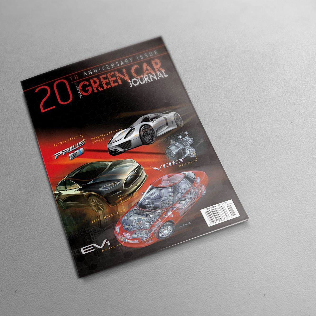 Ron Cogan Green car journal 20th twentieth anniversary issue jonathan tipton-king cover hybrid prius car tesla ev-1 Chevy Volt design