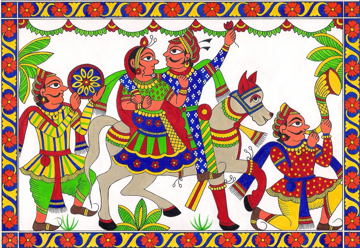 Kalamkari madhubani phad wedding invitation ganesha Radha Krishna tree of life Indian folk art Folk Paintings
