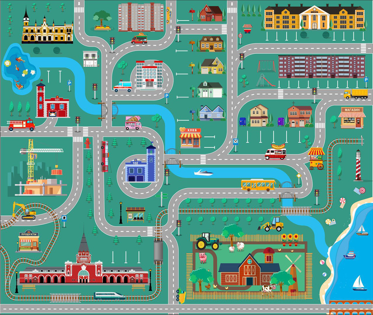 playmate city map chernihiv flat illustrations  kids bright colors roads