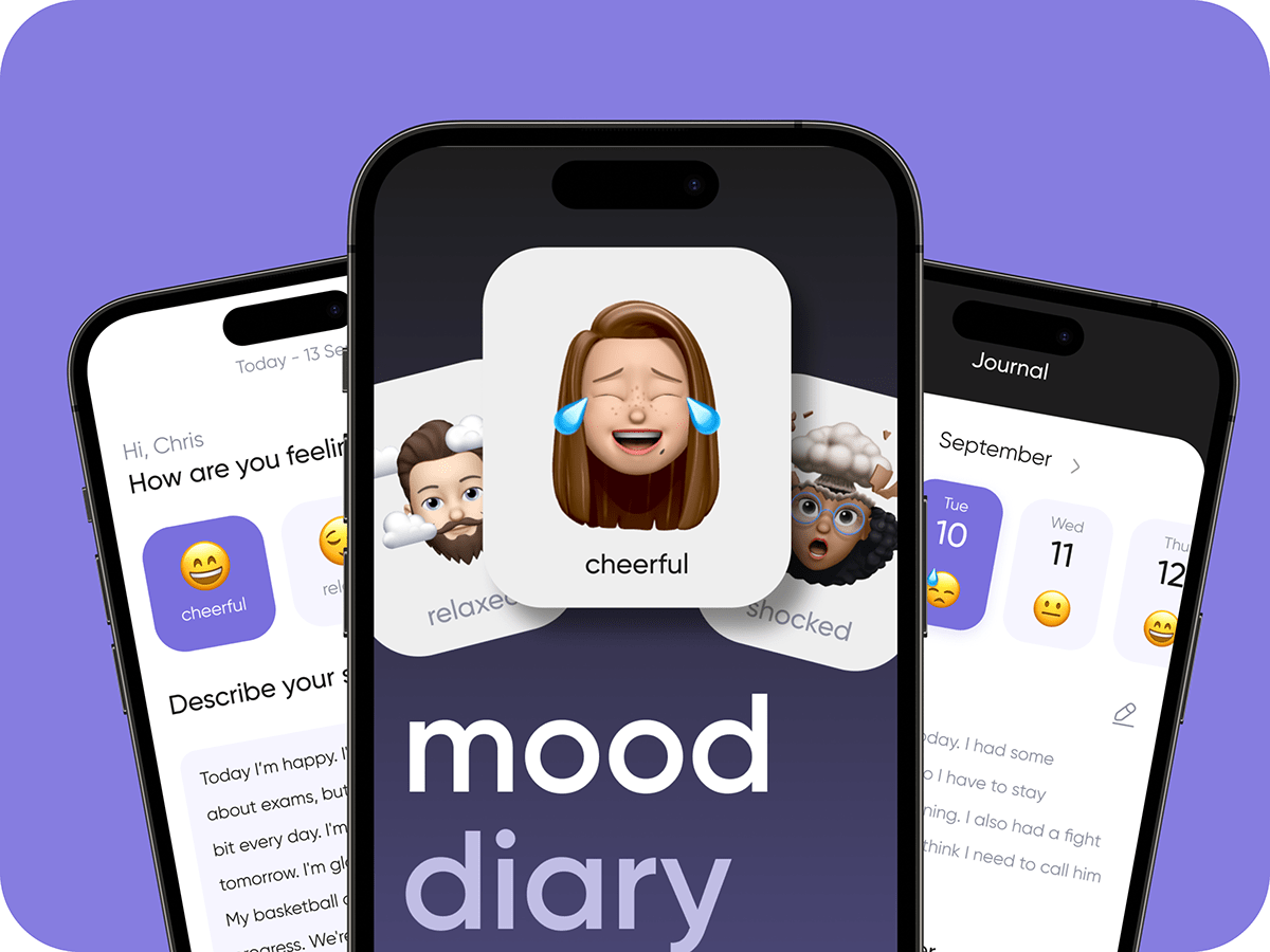 iOS app design mental health mood mental journaling diary design purple memoji UI UX design UI UX concept