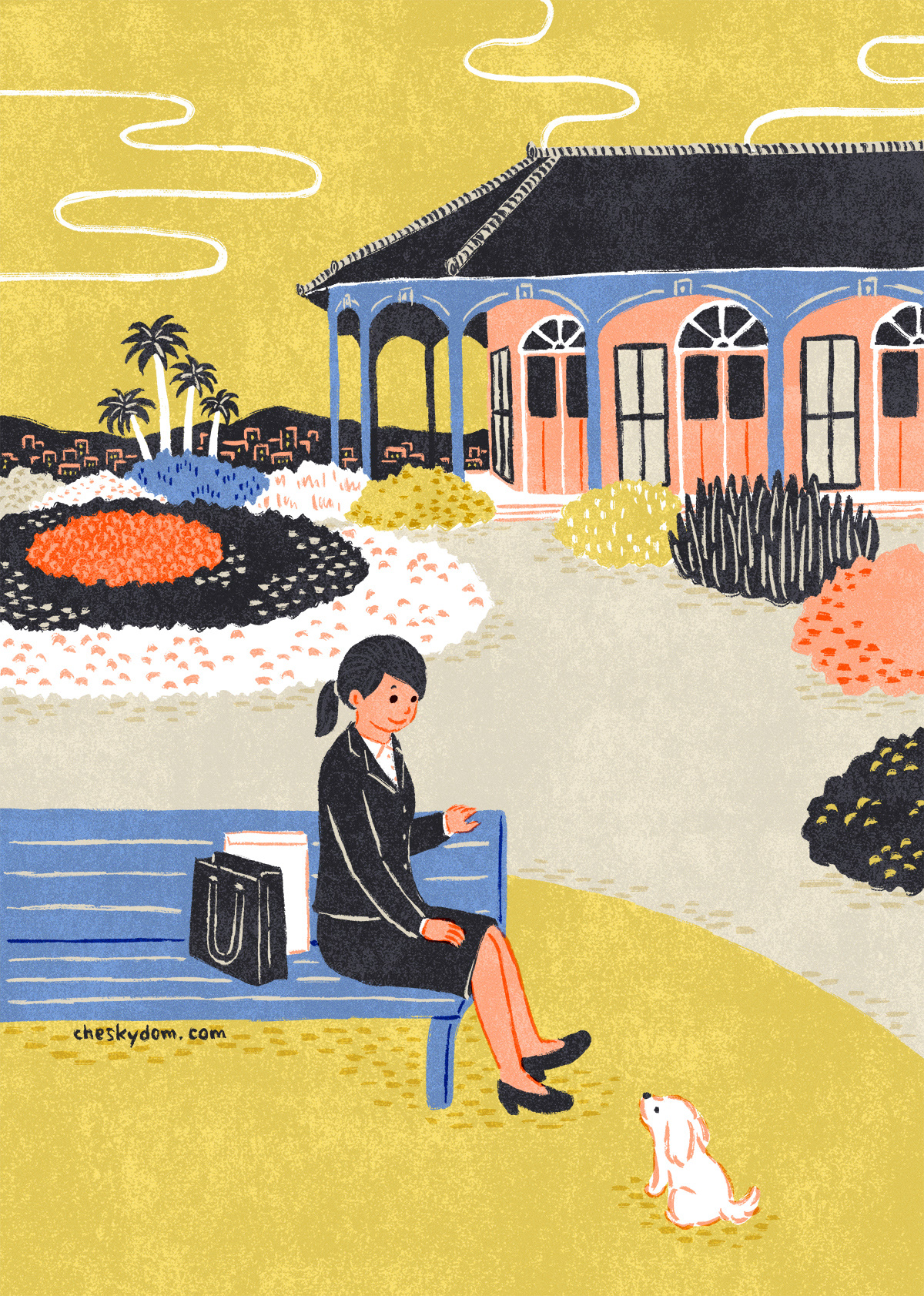 The illustration of a woman taking a rest at a famous garden in Japan.