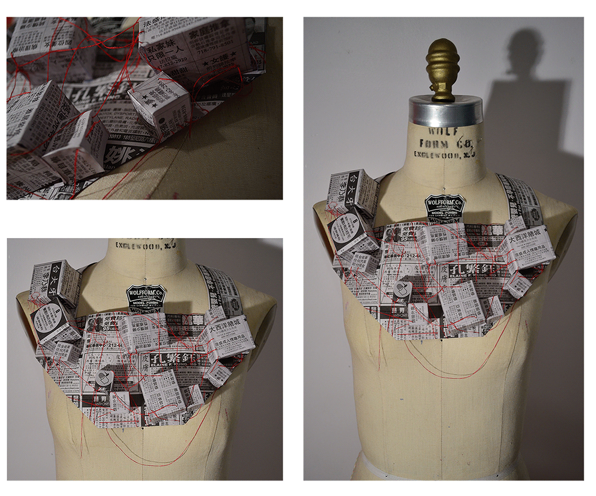collage sculpture wire newspaper thread