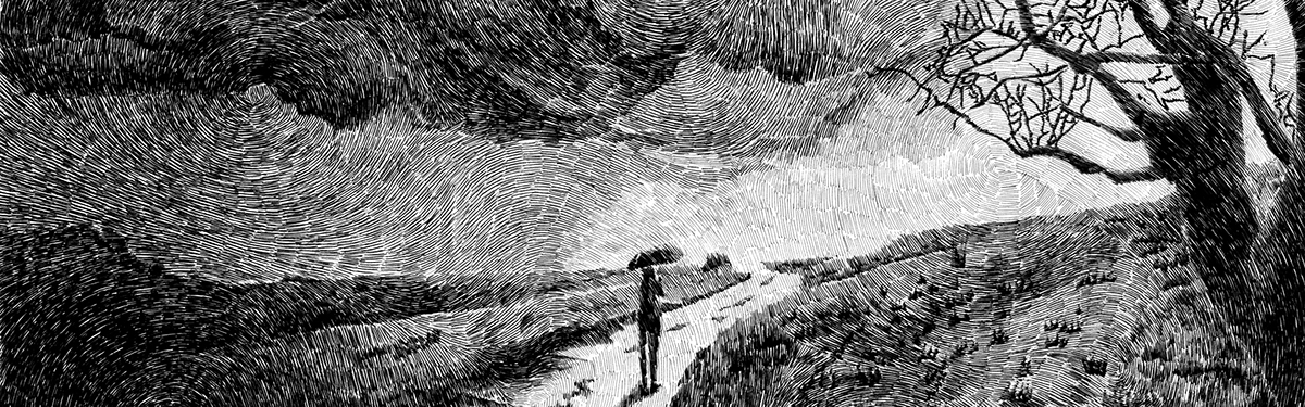 rain ink paper black and white etching Tree  cloud path mobochrome Umbrella person people grass clouds