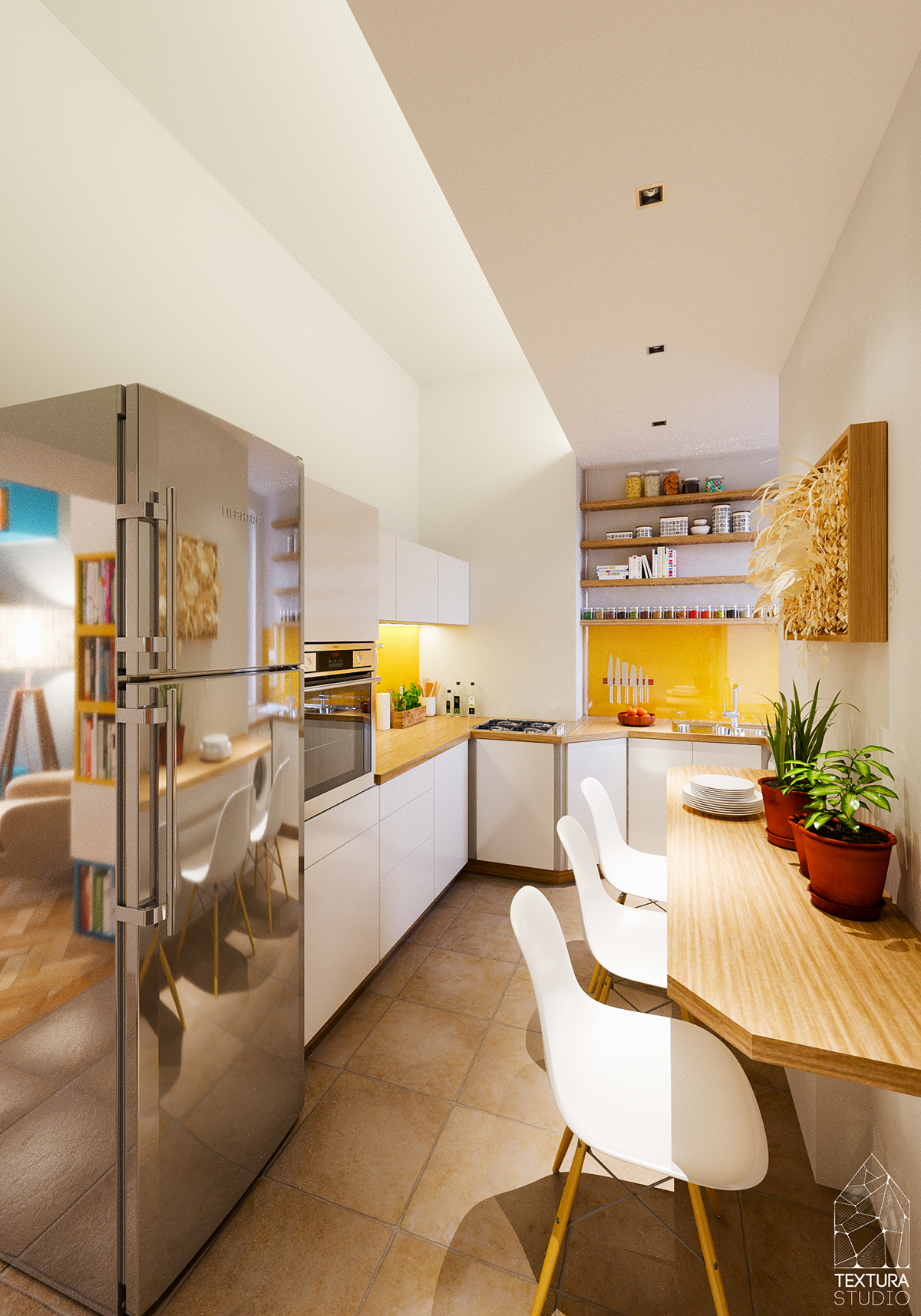 kitchen Interior design furniture Render CGI visualization white interior