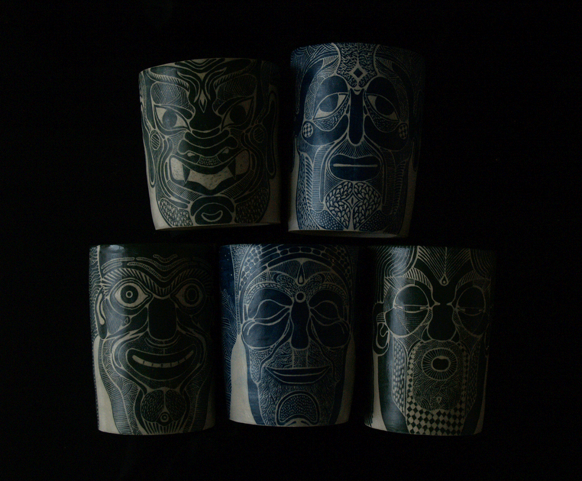 tiki mugs faces emotions hand built sgraffito Drawing  colours cups tea masks