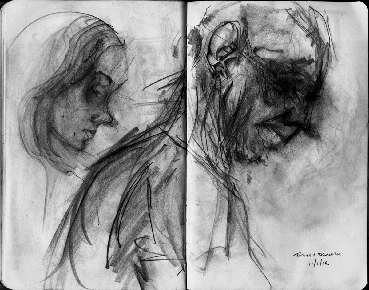 scribure sketchbook sketches pencil black and white father DAUGHTER eros greek mythology portrait beard moleskine