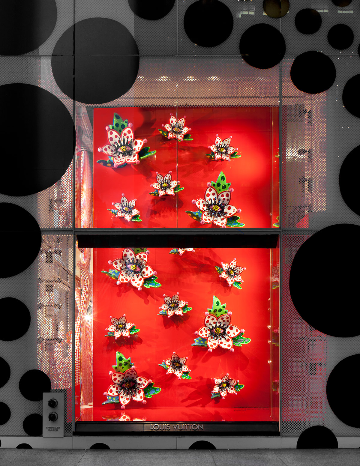 LouisVuitton window display in South Park mall in Charlotte, NC featuring  Yayoi Kusama's art