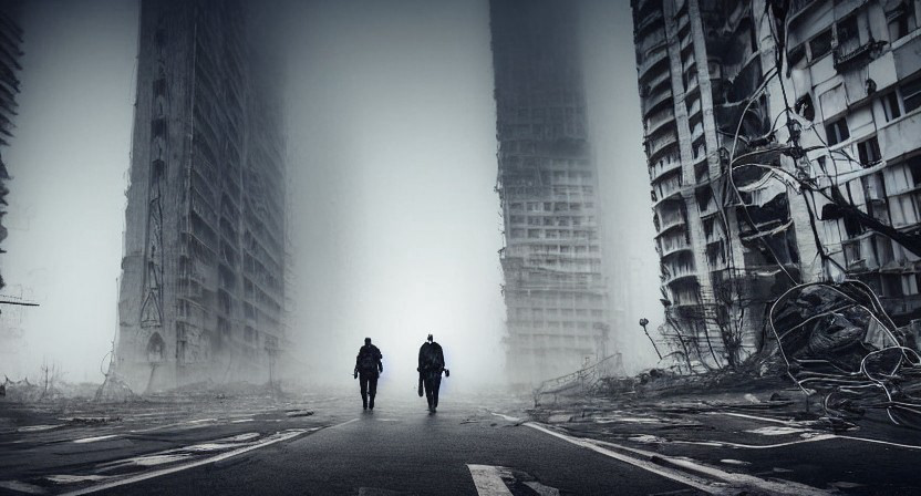 abandoned city, two people walking down the street on a foggy day