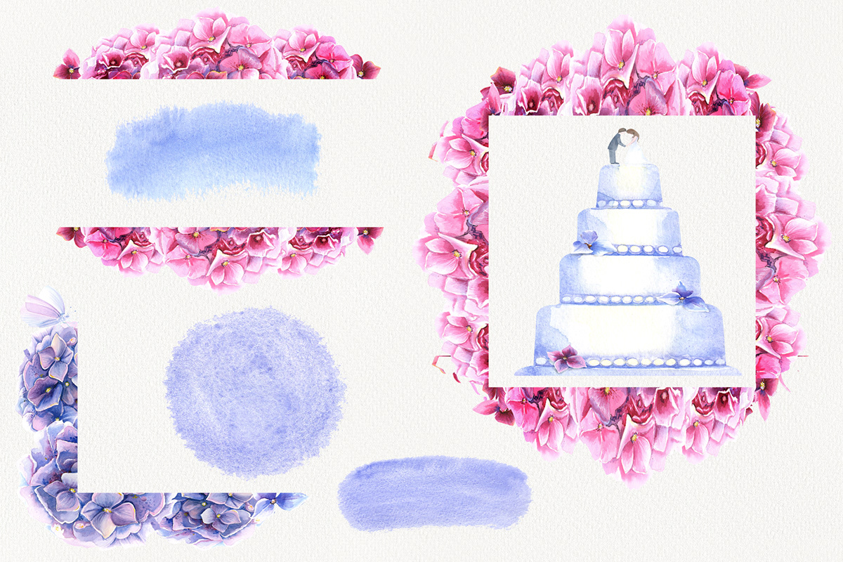 hydrangea watercolor print poster seamless pattern floral card wedding blue pink