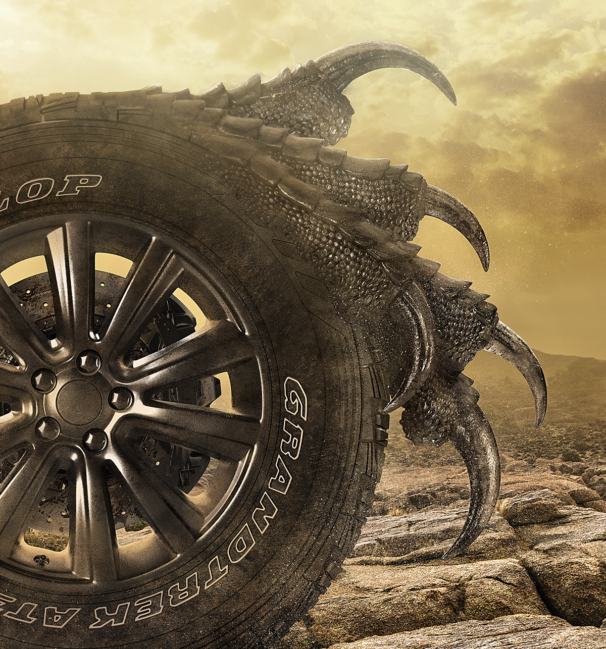 Tire wheel claw water rain splash roda CGI 3D illustration retouch