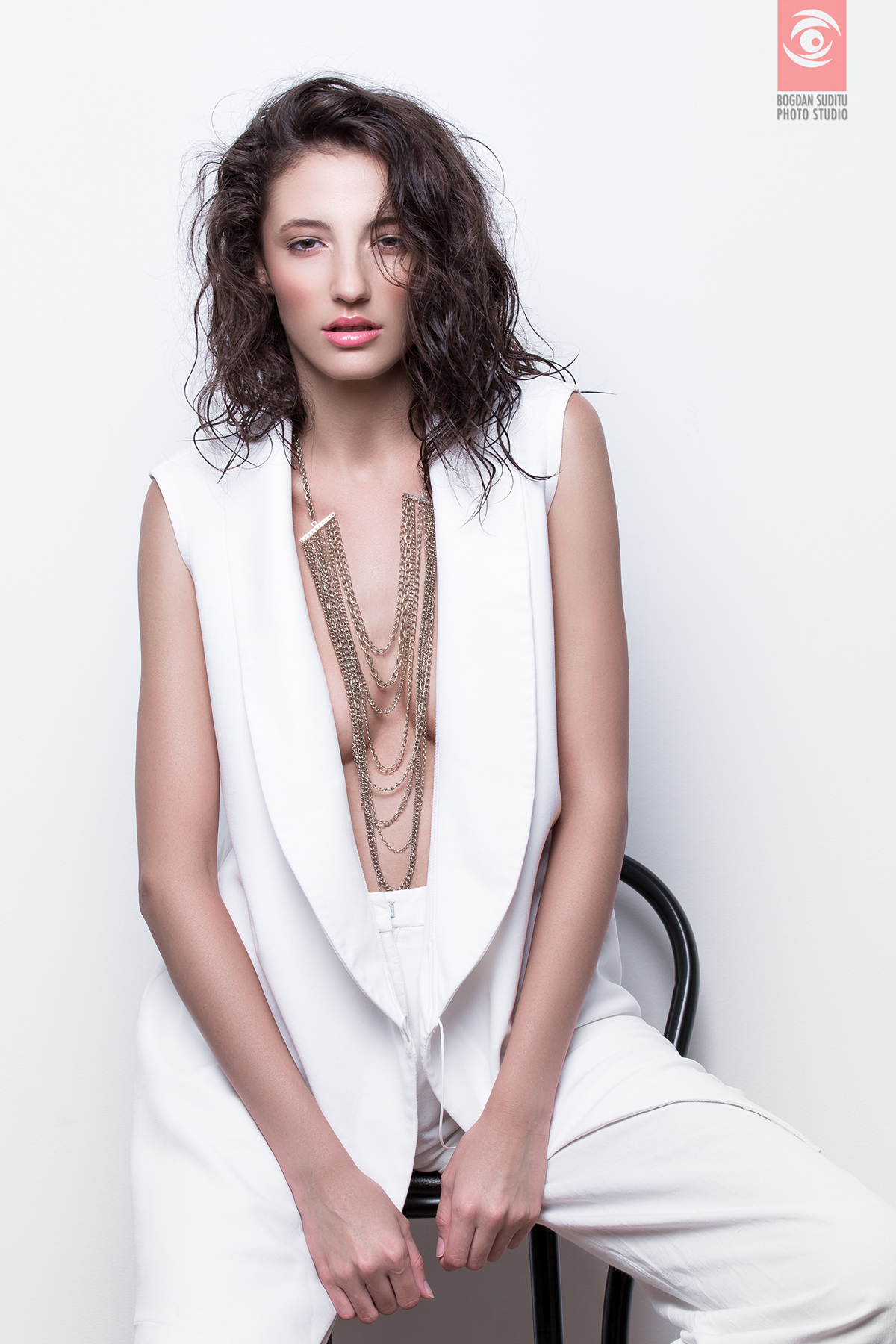 model girl makeup fashion photography studio White dress styling 