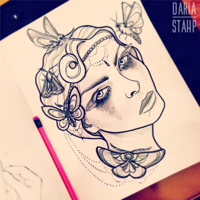 moth queen Beautiful woman girl butterfly draw tattoo Project design Tattooart mystery jewells pearl hair