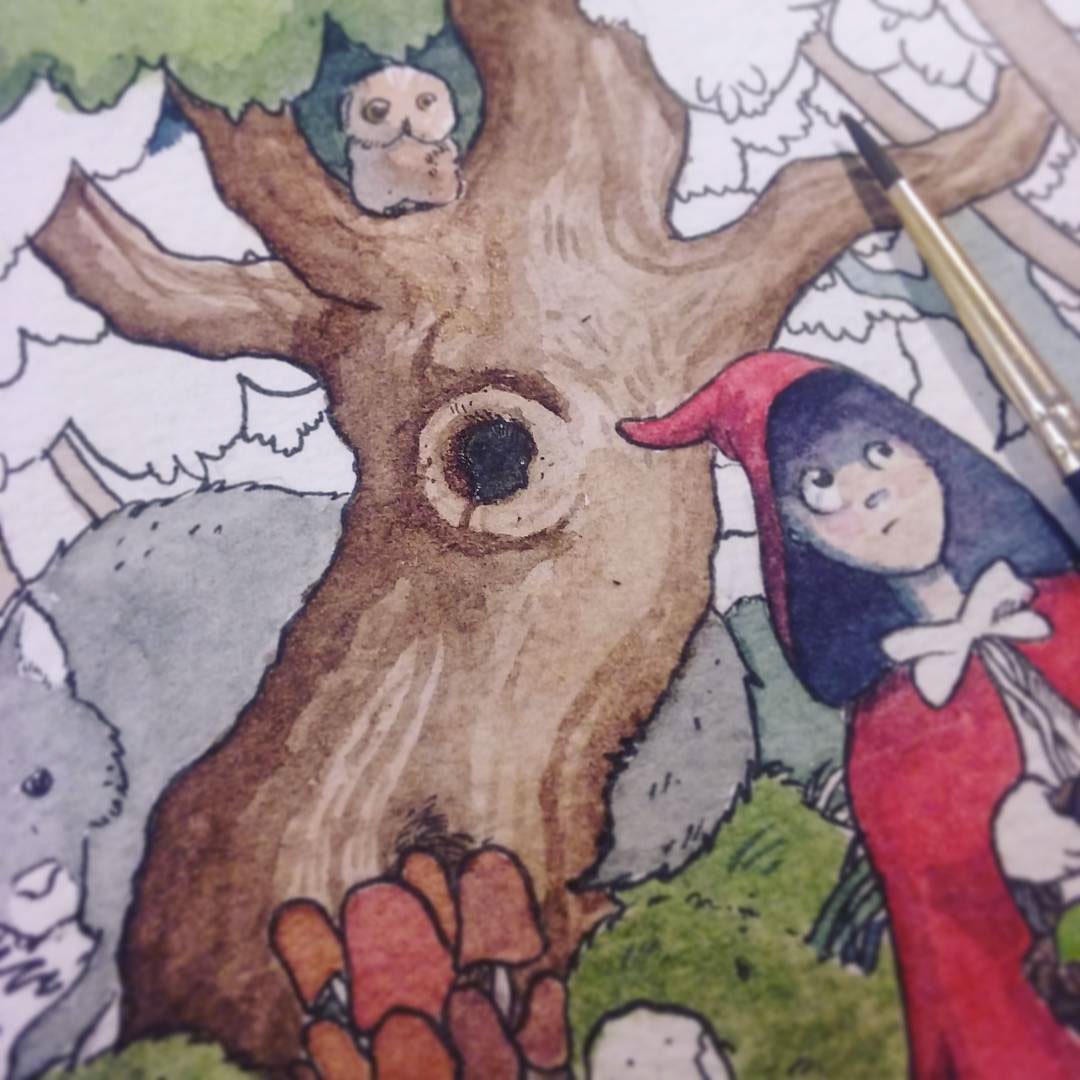 fairytale Watercolours story cover red little woods trees Magical wolf
