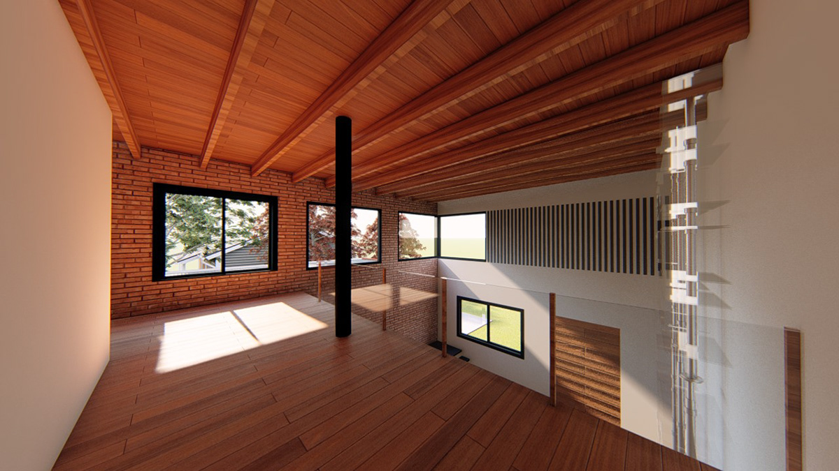 Casa de campo cubica doble altura espacialidad Ladrillo madera moderno Molduras Rustico