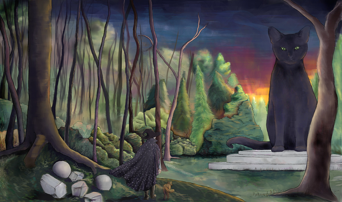 fantasy Magic   guardian Cat wizard Familiar forest woods ruins
