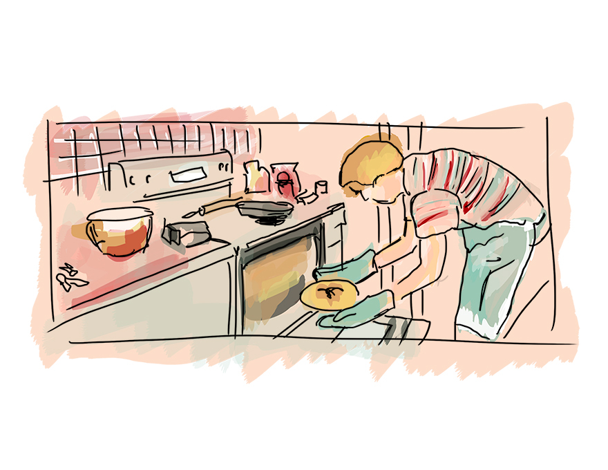 boy cooking pie kitchen Ps25Under25 editorial watercolor linework