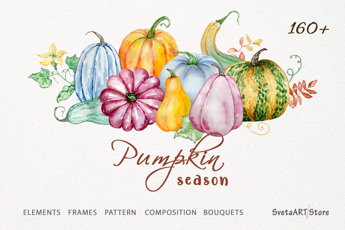 watercolor ILLUSTRATION  autumn Fall clipart pumpkins