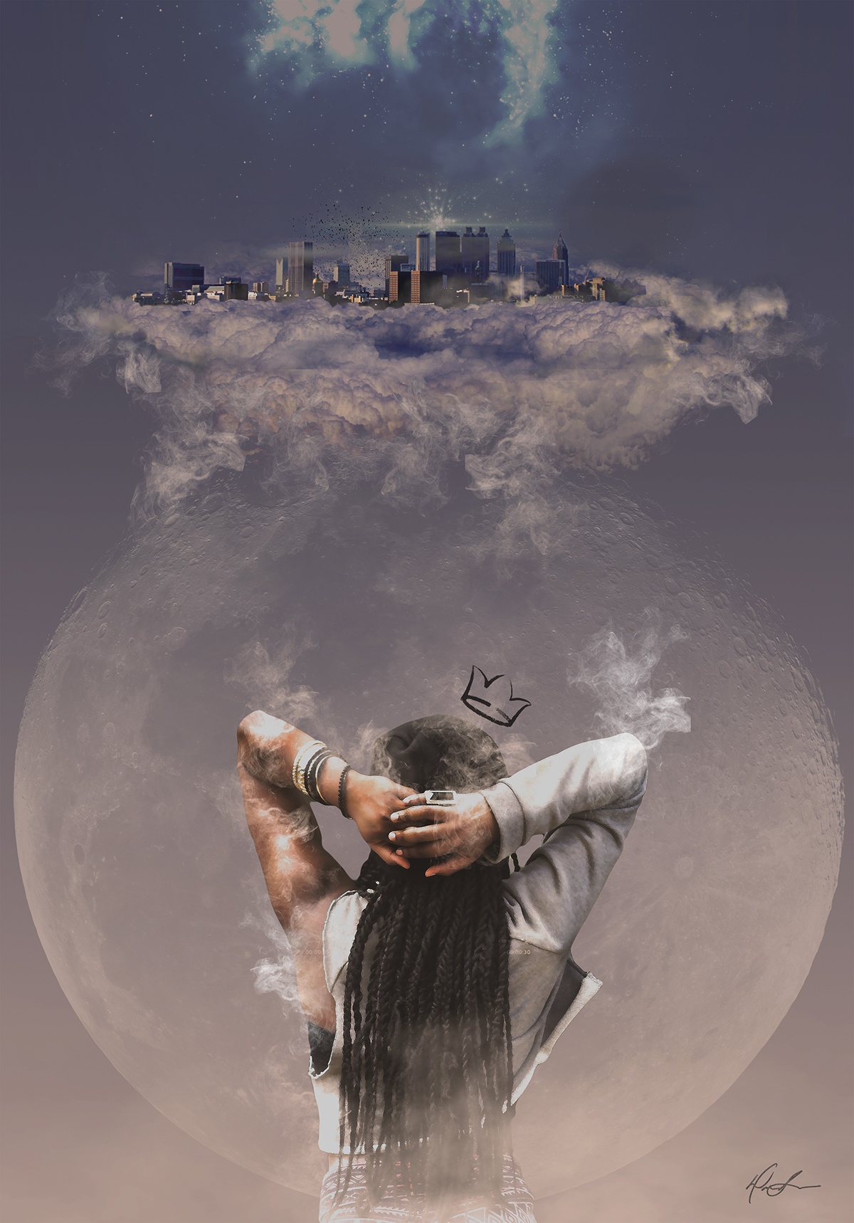 photo illustrate moon queen city atlanta clouds stars smoke Space  person people black ebony art