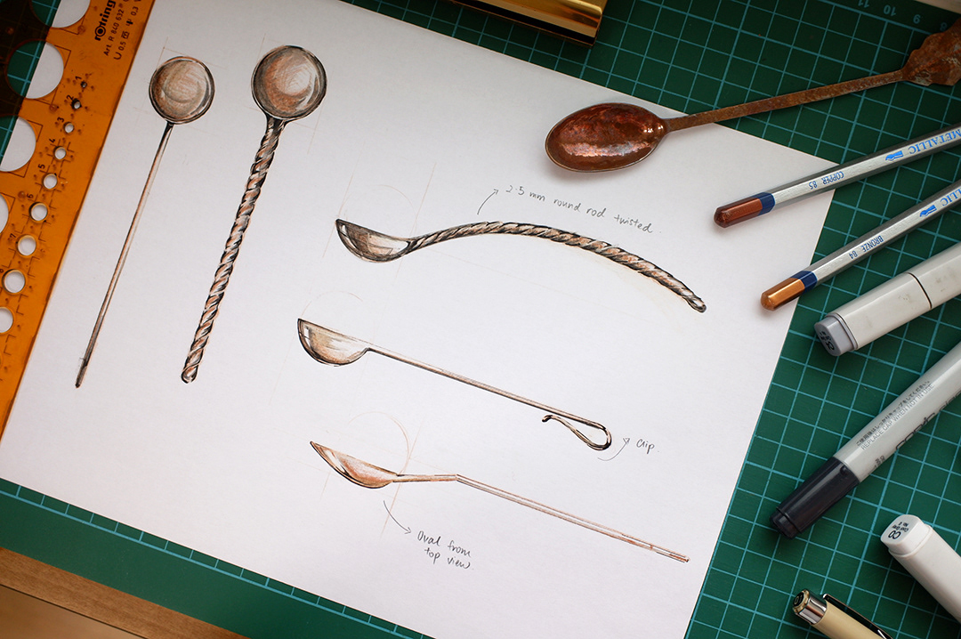 3D copper Coppertone cutlery design design designer fabrication metal metalsmithing Render