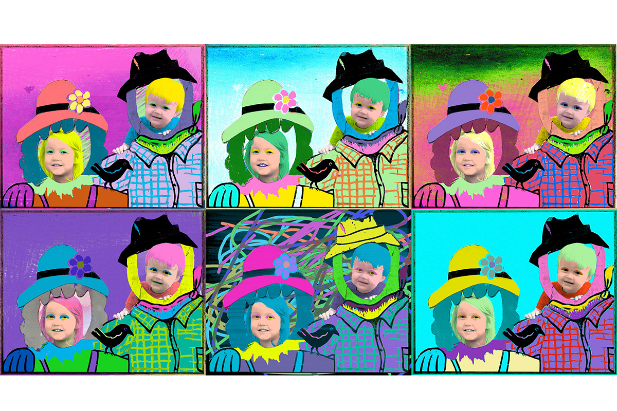cute little girl & boy posing as farmers in andy warhol's classic lithograph screen printing style.