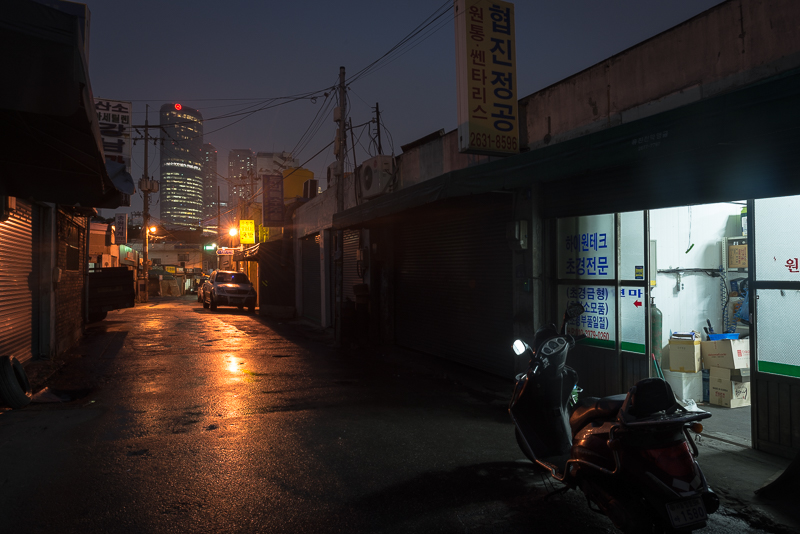 South Korea mullae night dark light Street district empty midnight outside city life skyline building asia