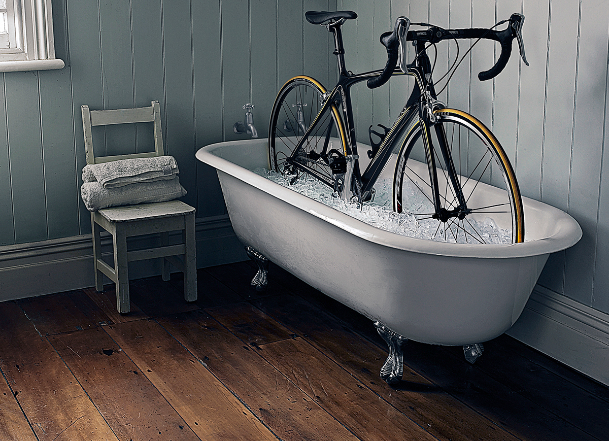 skins cycling gear surreal Bike room bath ice dark Moody wooden floors black Racing