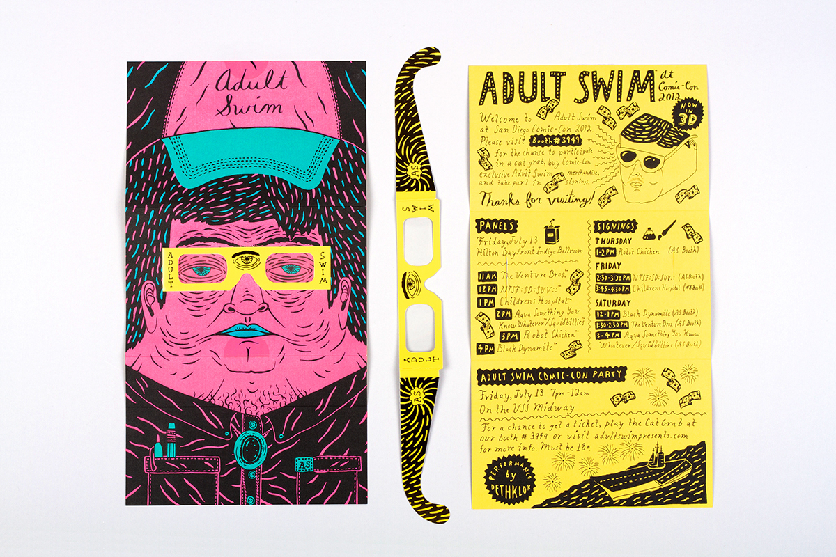 Adult Swim brochure comic-con comiccon 3D glasses weird face color colorful funny 3D bizarre hand drawn bright interactive