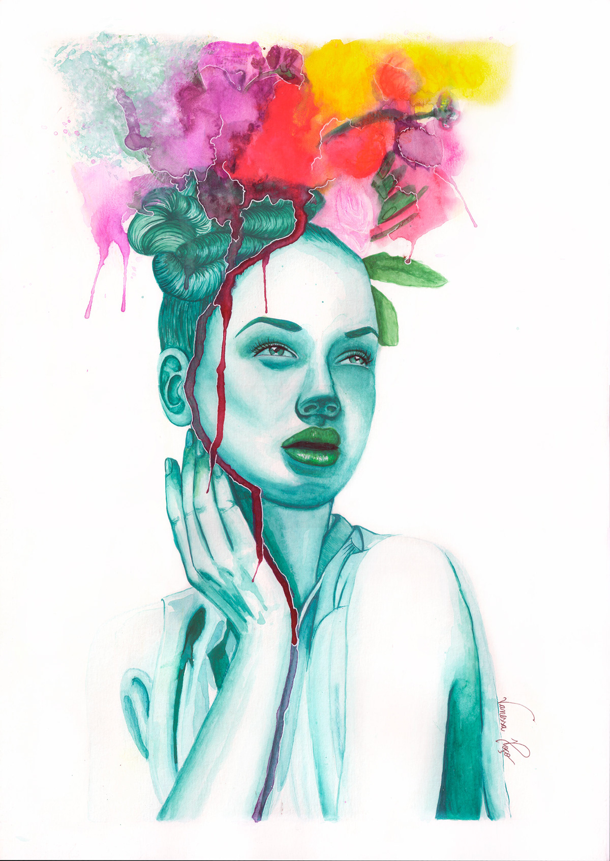 woman beauty watercolor art makeup hair flower