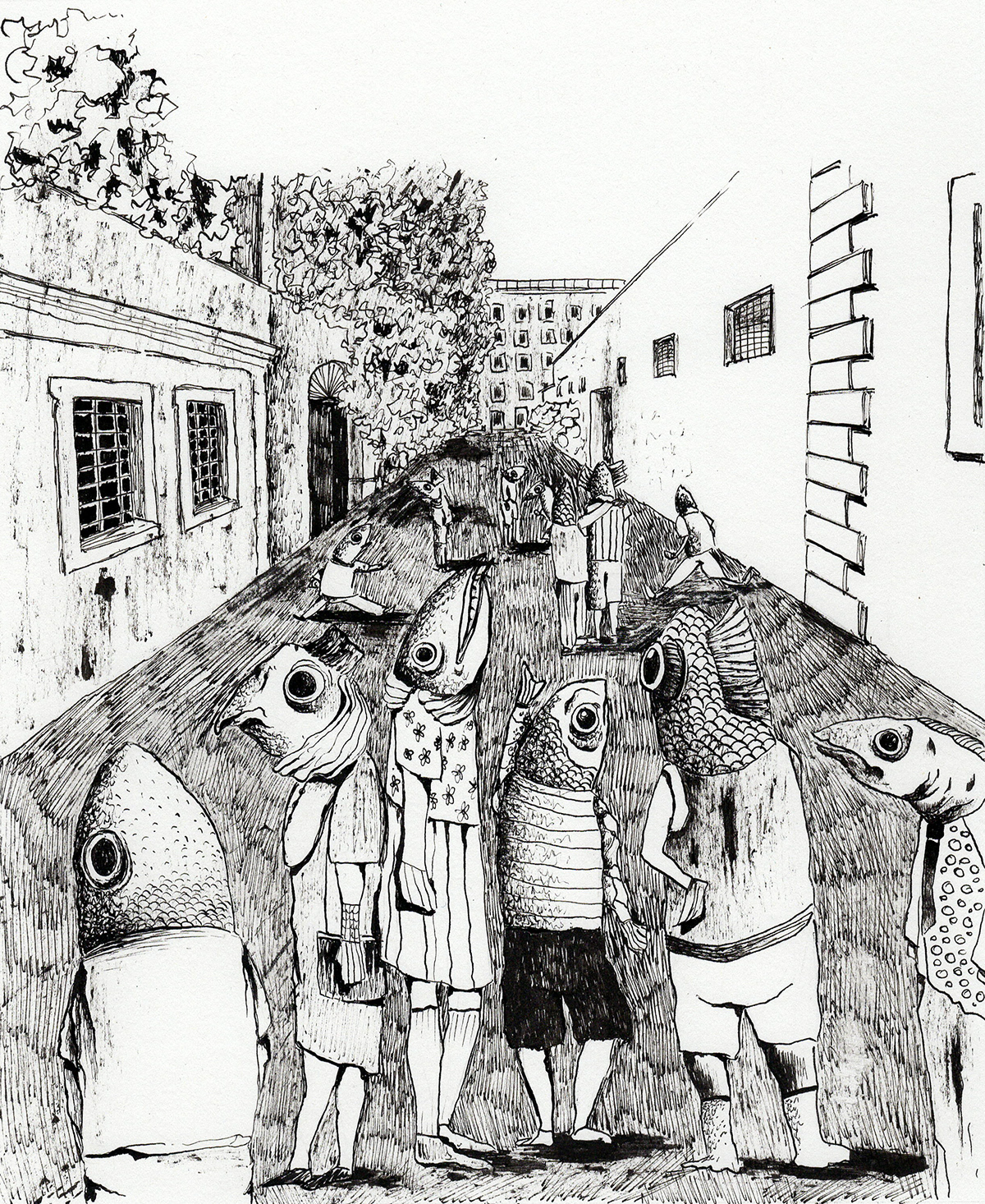 cover fish summer black and white ink Drawing  architecture Trastevere Rome Digital Art 