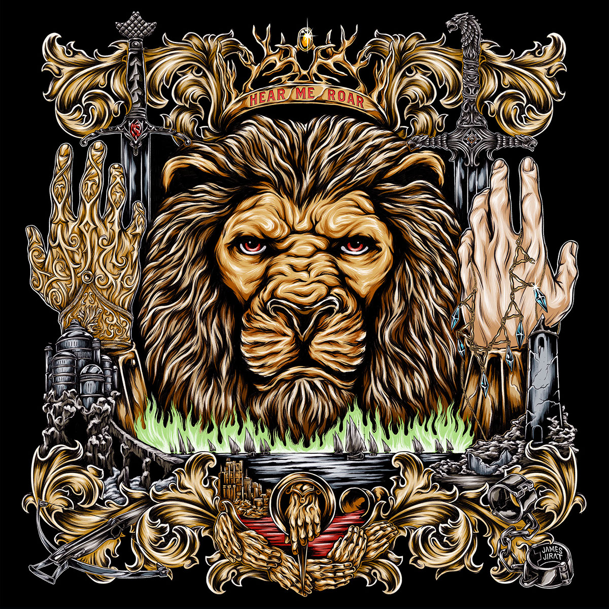 lion Game of Thrones crest detail complex medieval Swords hands